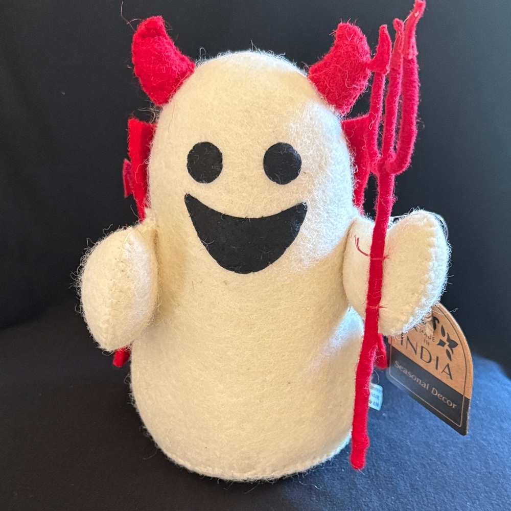 Handmade Felt Ghost Wearing a Devil Costume Halloween Decor Made in India
